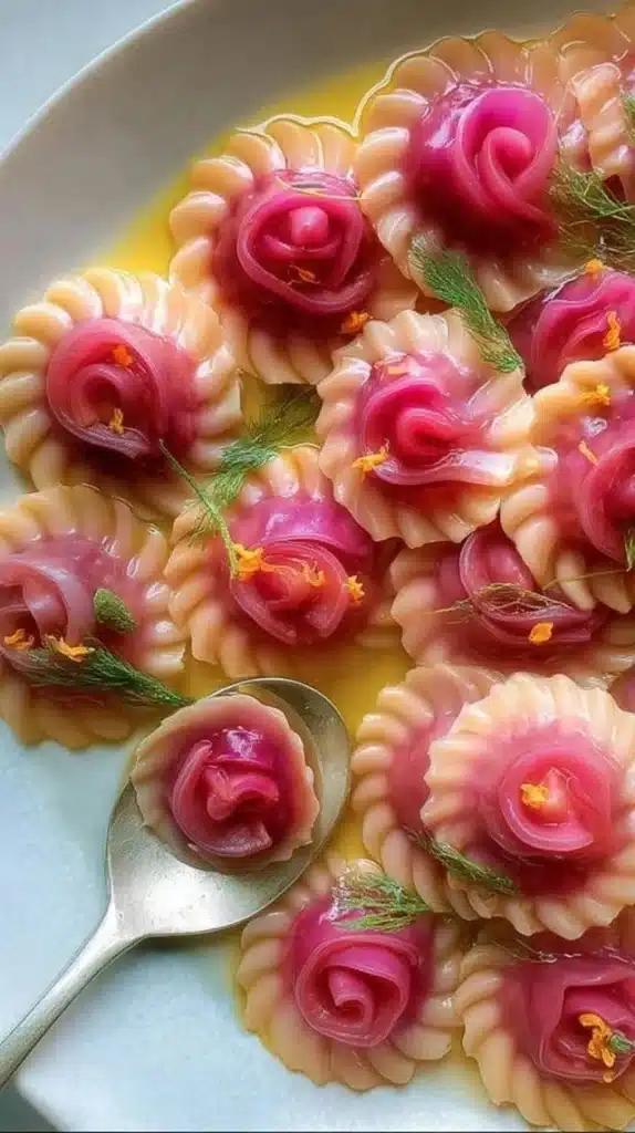Stuffed pasta dish with a floral presentation and vibrant colors