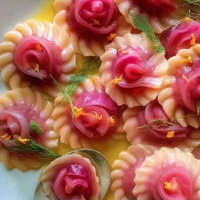 Stuffed pasta dish with a floral presentation and vibrant colors