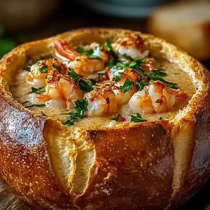 Stuffed seafood bread bowl filled with fresh seafood and creamy sauce