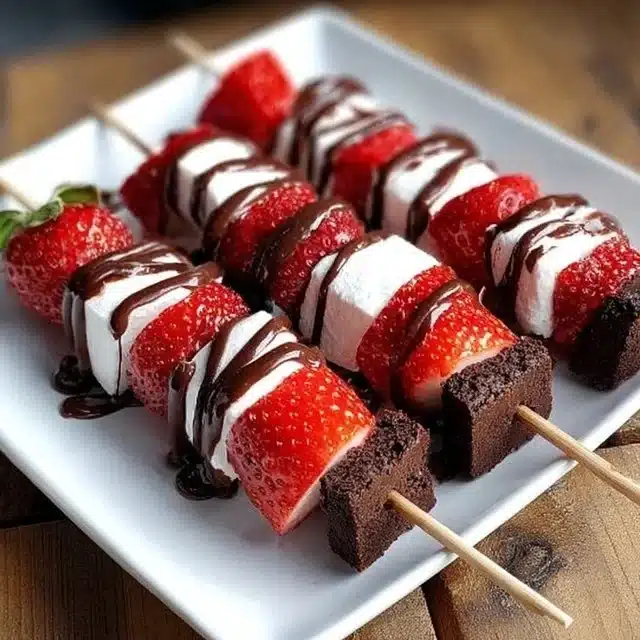 Sweet strawberry brownie kabobs on skewers for party fun