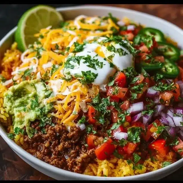 Delicious Taco Rice Bowl topped with fresh vegetables and savory beef.