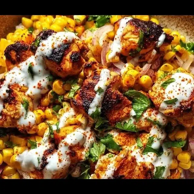 Delicious street corn chicken bowl with grilled chicken and fresh toppings.