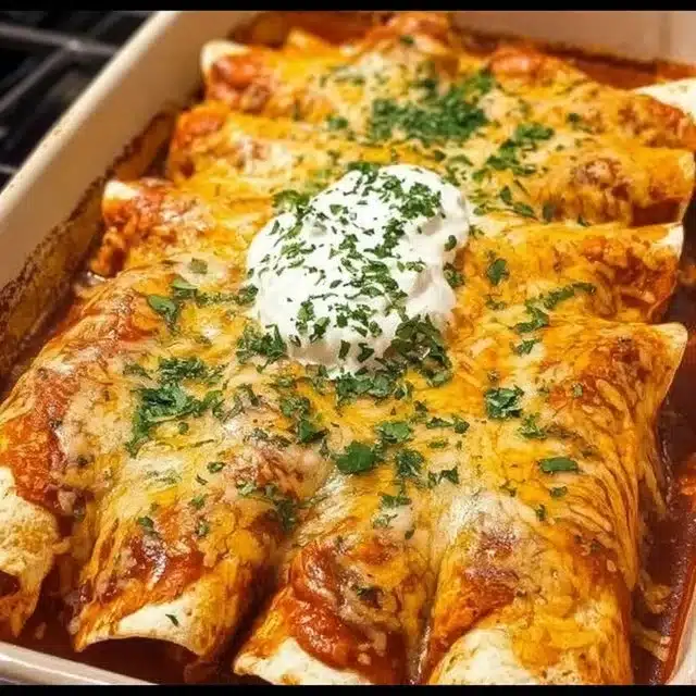 Delicious chicken enchiladas served with toppings in a vibrant dish