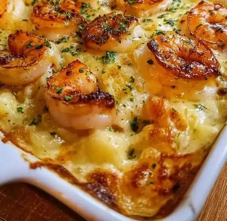 Ultimate creamy seafood casserole with shrimp, scallops, and a cheesy topping