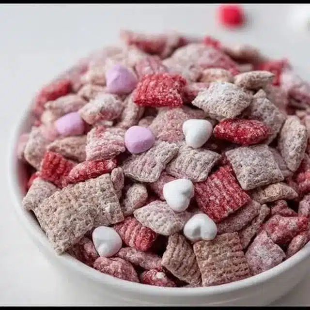 Valentine's Day themed Muddy Buddies with heart-shaped decorations