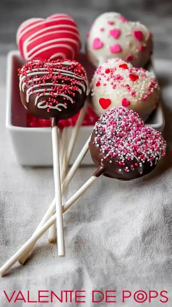 Valentine's Day themed Oreo Pops decorated with hearts and pink chocolate.