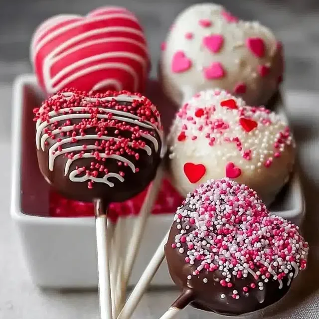 Valentine's Day themed Oreo Pops decorated with hearts and pink chocolate.