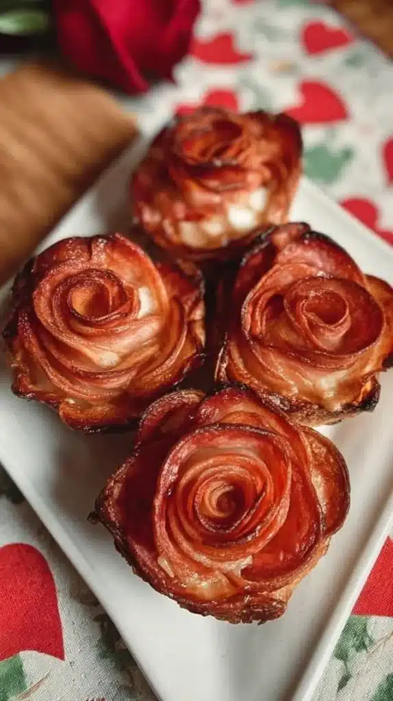 Valentine's Day pizza roses on a plate, garnished with fresh herbs.