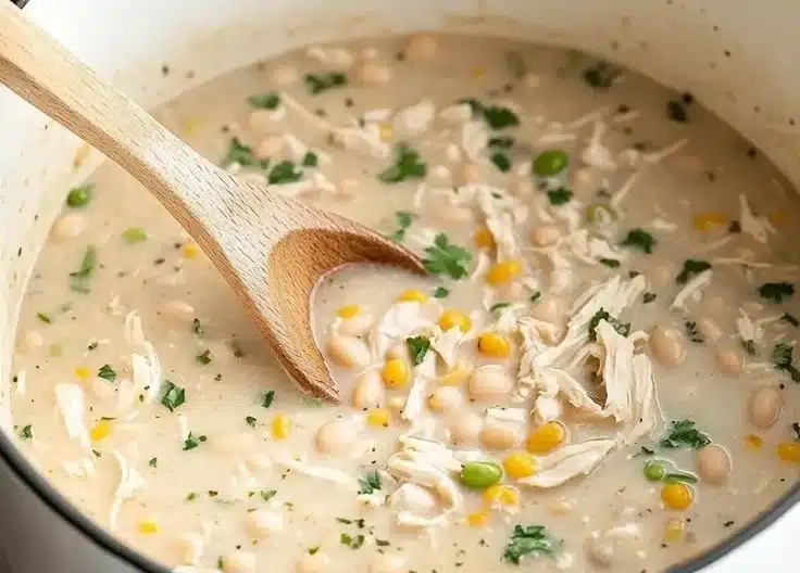 Delicious and creamy white chicken chili in a bowl with toppings