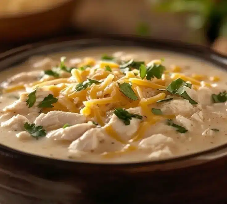 A bowl of creamy white chicken chili topped with cilantro and tortilla strips.