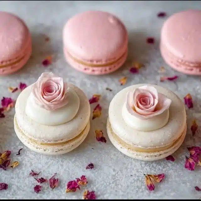 Delicious white chocolate rose macarons elegantly displayed on a dessert table.