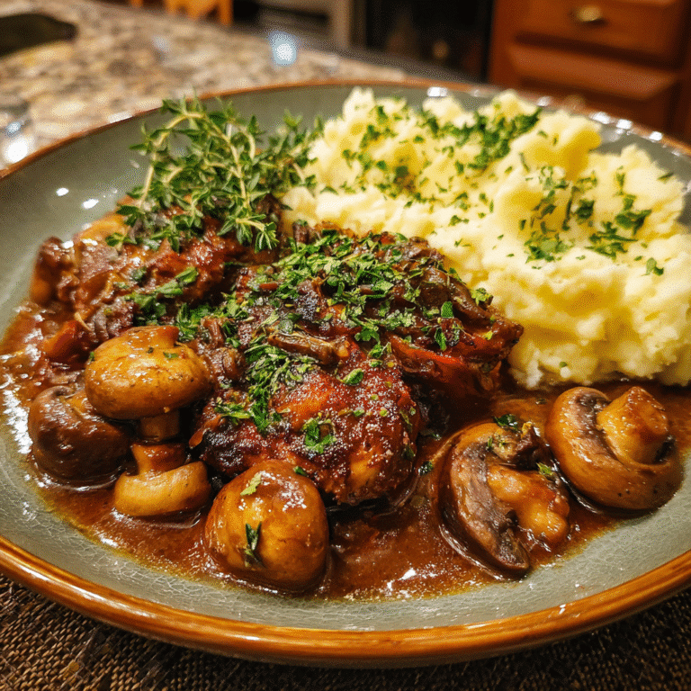A rustic plate of Coq au Vin with tender chicken in red wine sauce, mushrooms, and herbs served with mashed potatoes on a wooden table.
