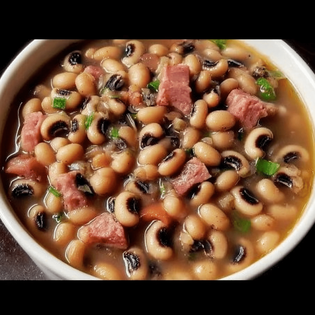 Bowl of slow cooker black eyed peas garnished with herbs