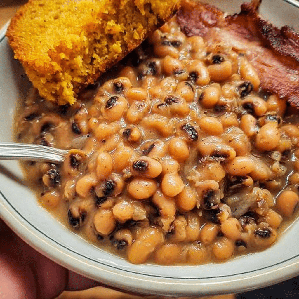 Bowl of Southern Black-Eyed Peas garnished with fresh herbs and spices
