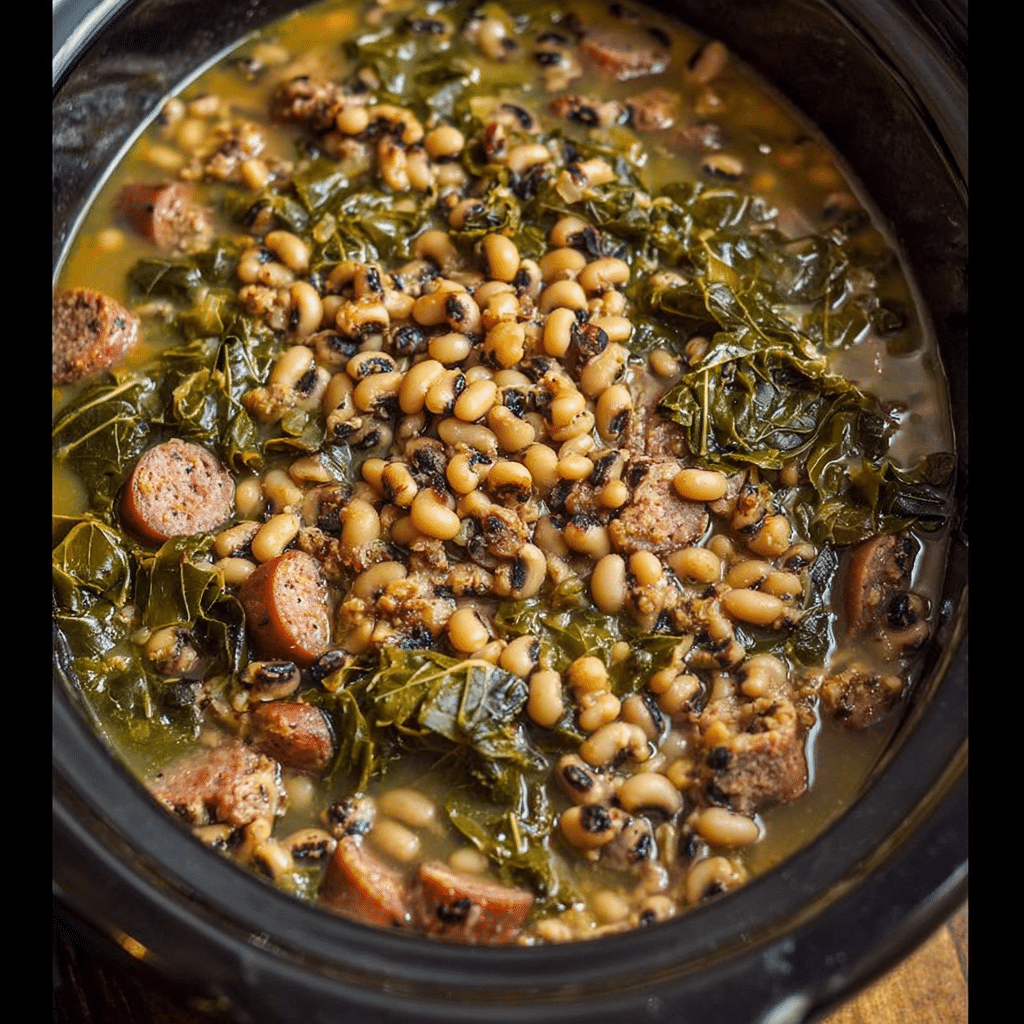 Bowl of Crockpot Black Eyed Peas and Collard Greens garnished with herbs