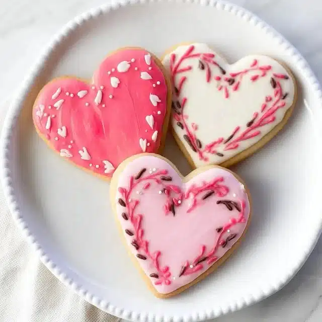 Decorated Valentine's Day heart cookies in various designs and colors.