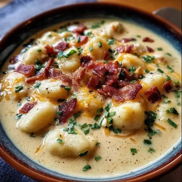 Bacon Cheddar Gnocchi Soup served in a bowl, showcasing its creamy texture and garnishes.