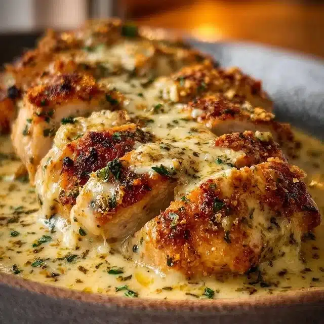 Baked Caesar Chicken with creamy Parmesan sauce served on a plate