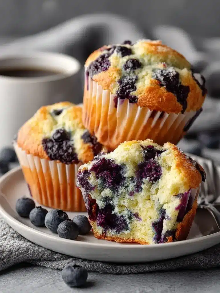 Freshly baked bakery style blueberry muffins on a cooling rack