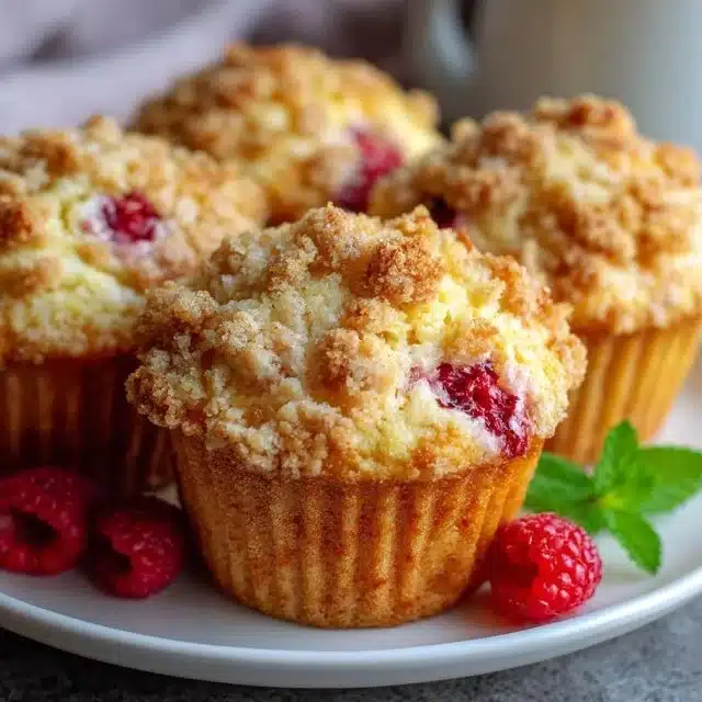 Bakery-style buttermilk raspberry muffins with a crunchy streusel topping