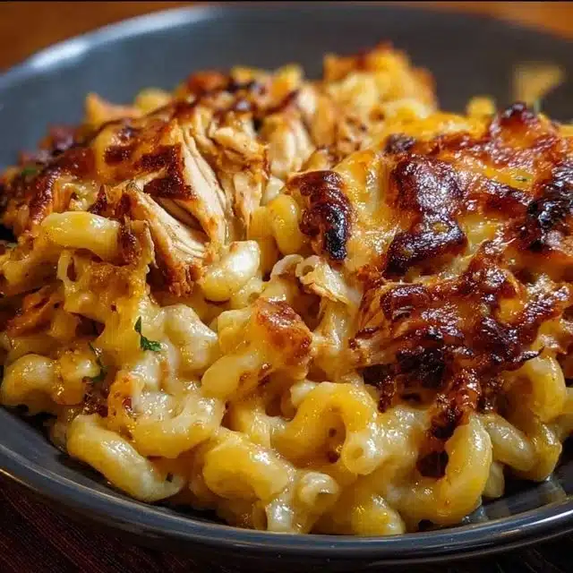 Bowl of BBQ Chicken Mac and Cheese with crispy topping and parsley