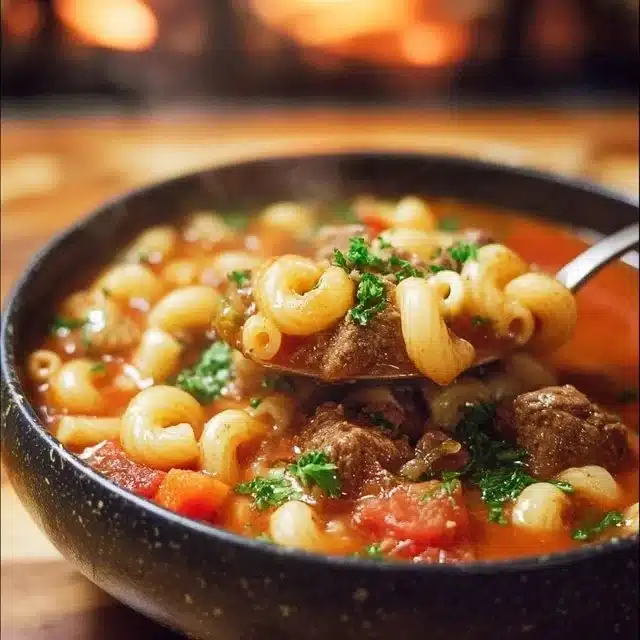 Delicious beef macaroni soup in a bowl with fresh herbs and spices