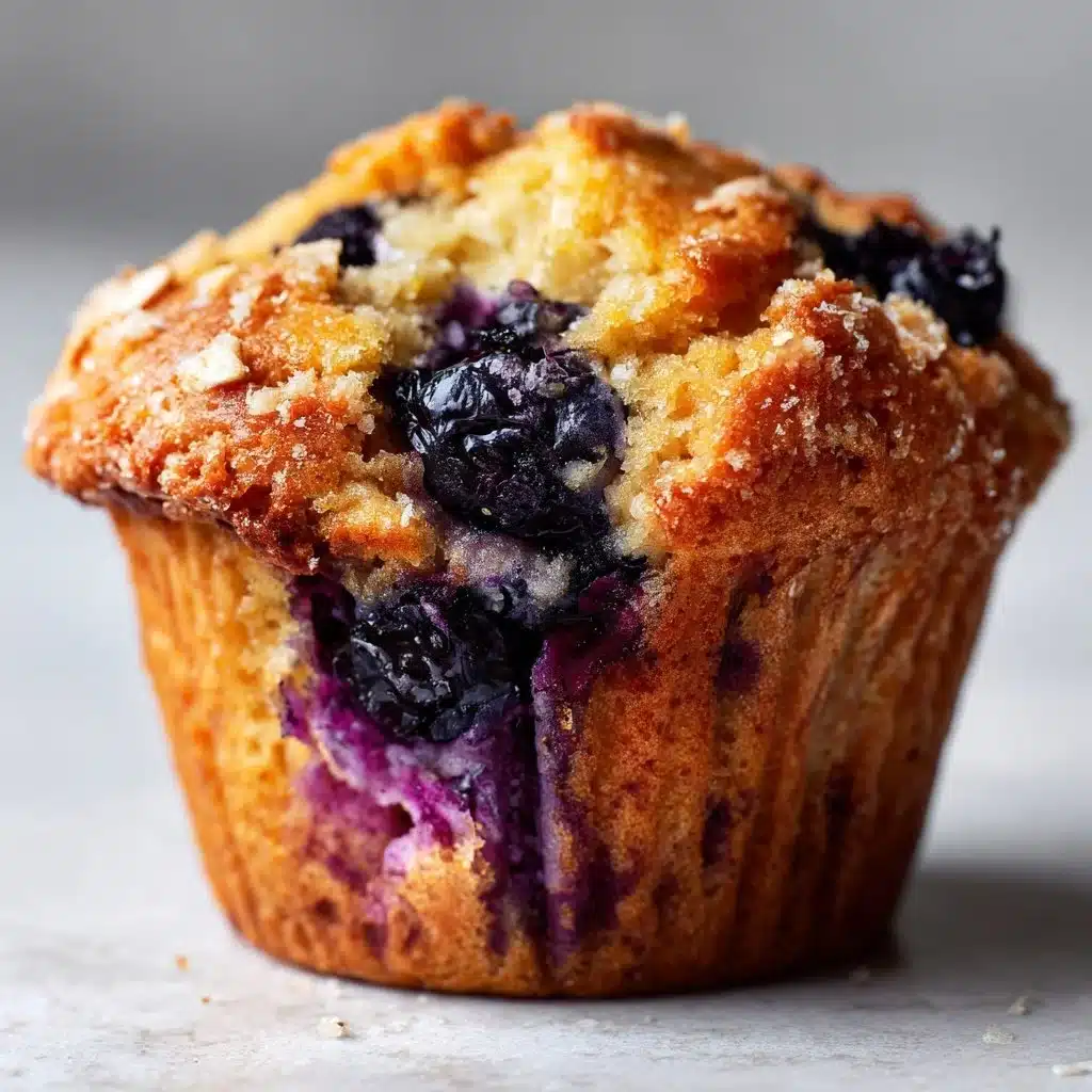 Freshly baked blueberry muffins with juicy blueberries on top.