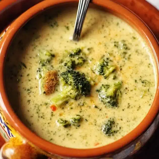 Bowl of creamy broccoli cheddar soup garnished with broccoli florets