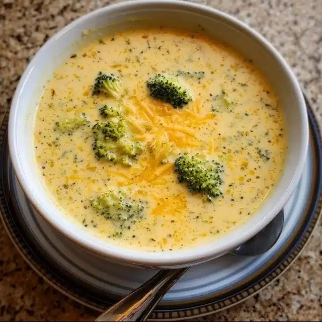 Bowl of creamy broccoli cheese soup garnished with cheese and broccoli florets.