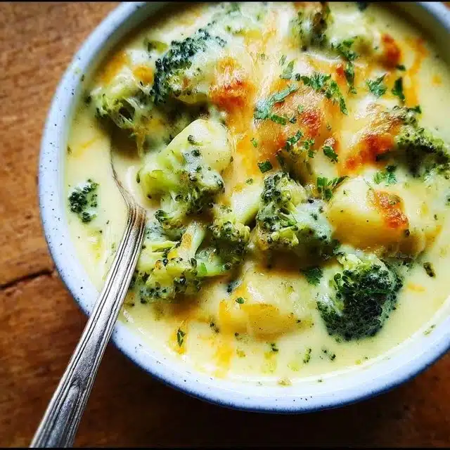 Bowl of broccoli potato cheese soup garnished with fresh herbs.