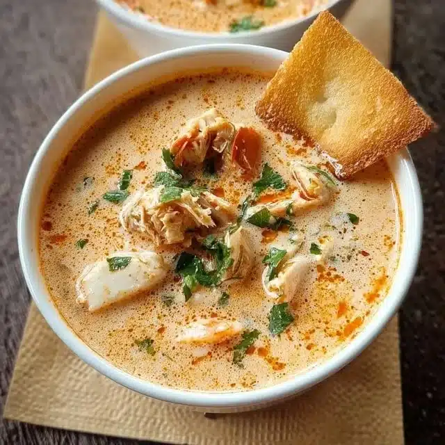 Bubba's Crab Stew served in a bowl, showcasing its creamy texture and toppings.
