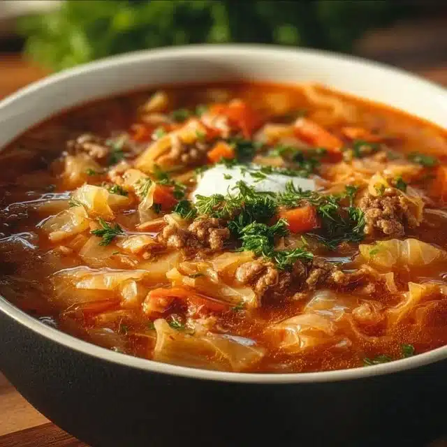 Home 6 Bowl of hearty Cabbage Roll Soup with cabbage, meat, and rice ingredients