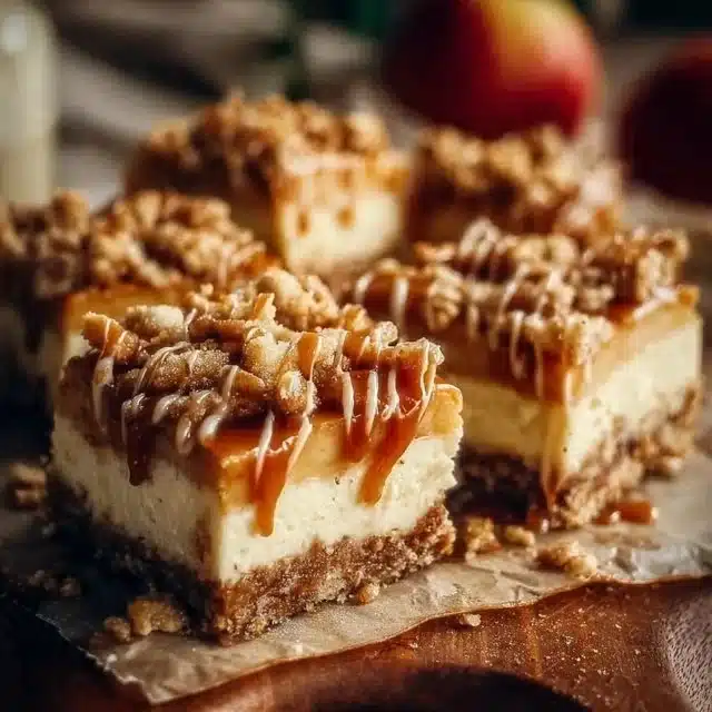 Delicious Caramel Apple Cheesecake Bars topped with caramel drizzle
