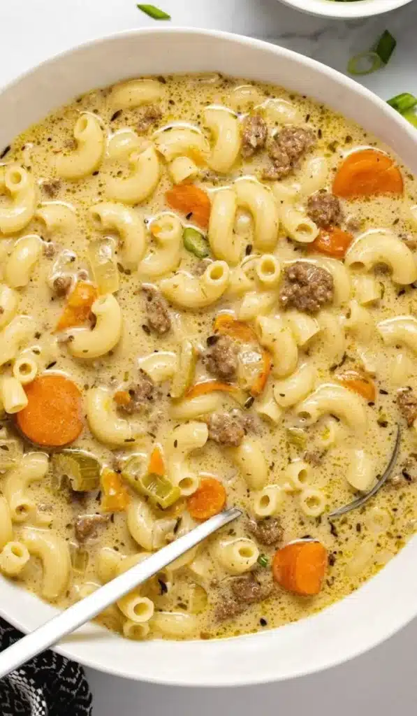 Delicious cheeseburger soup with ground beef and melted cheese