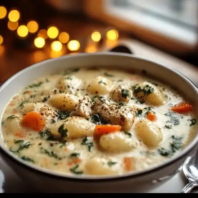 Delicious Chicken Gnocchi Soup served in a bowl with fresh herbs
