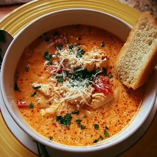 Bowl of Chicken Parmesan Soup garnished with cheese and herbs.