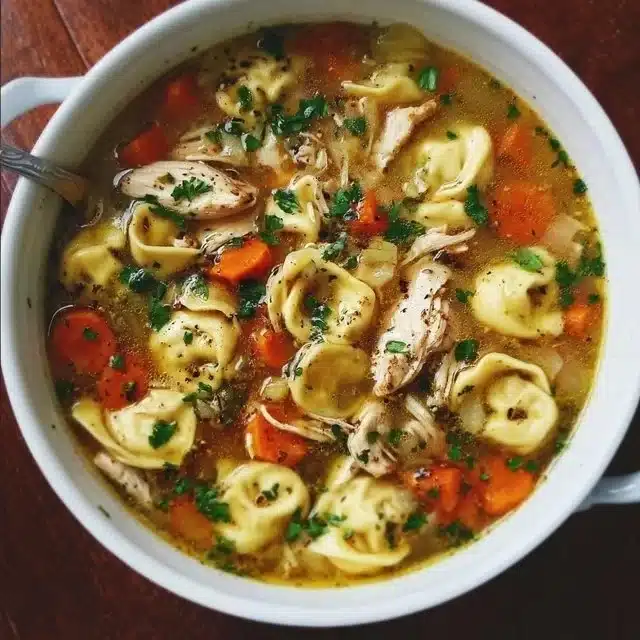 Bowl of delicious Chicken Tortellini Soup with vegetables and herbs
