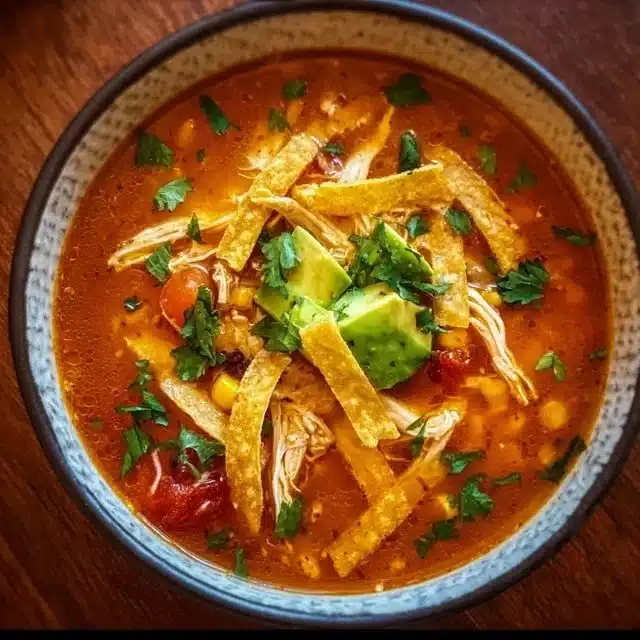 Home 8 Delicious Chicken Tortilla Soup topped with crispy tortilla strips and fresh ingredients.