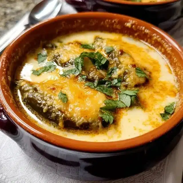 Bowl of homemade Chiles Rellenos Soup topped with fresh cilantro