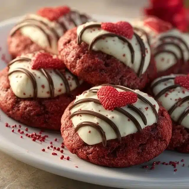 Chocolate-covered strawberry cookies on a wooden platter