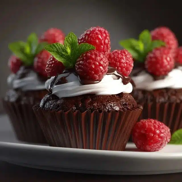 Delicious chocolate raspberry cupcakes topped with fresh raspberries and chocolate frosting