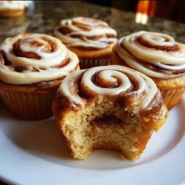Delicious cinnamon roll cupcakes topped with icing and cinnamon sprinkles