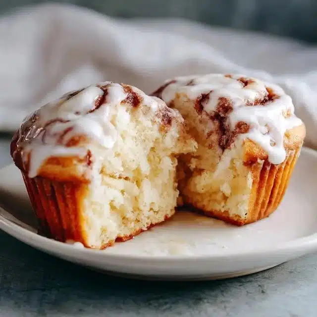 Freshly baked cinnamon roll muffins with icing on a cooling rack