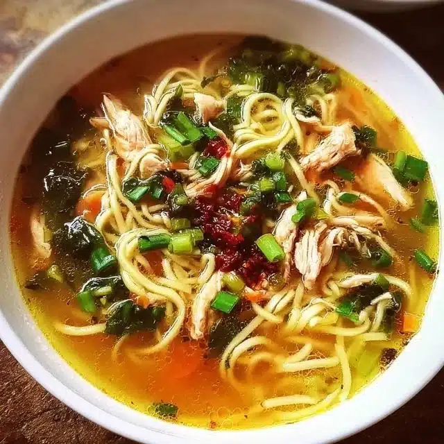 Bowl of Classic Ginger Garlic Chicken Noodle Soup with herbs and noodles