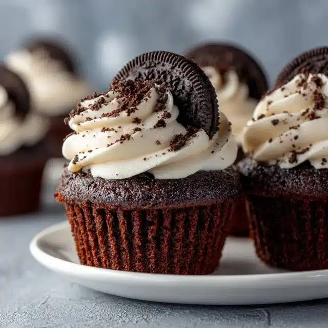 Delicious homemade Cookies and Cream Cupcakes topped with cream frosting and cookie pieces.