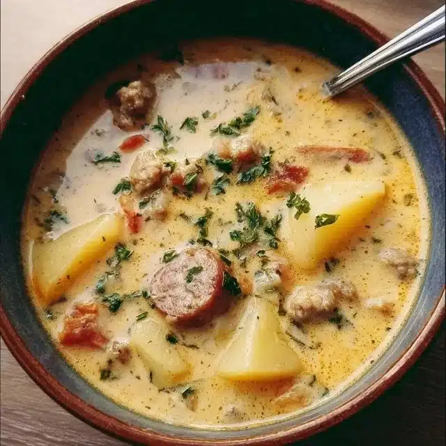 Bowl of cozy sausage potato soup garnished with herbs and served warm.