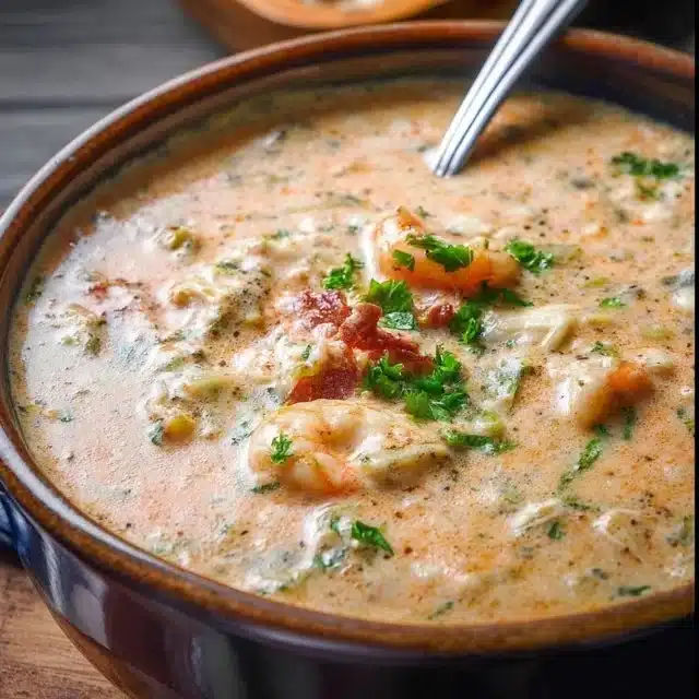 Home 4 Delicious crab and shrimp seafood bisque served in a bowl