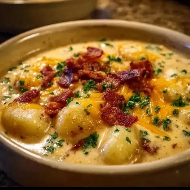 Bowl of creamy bacon cheddar gnocchi soup garnished with herbs and bacon bits