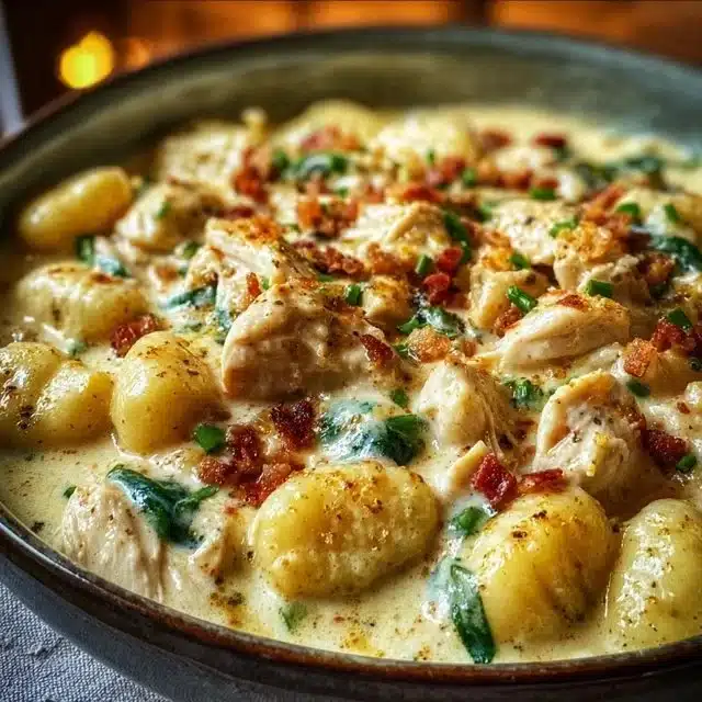 Creamy Crack Chicken Gnocchi dish with ingredients and garnishes