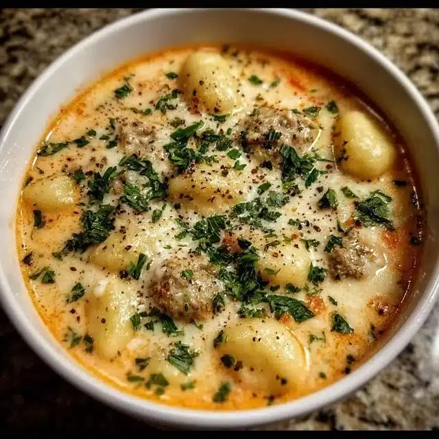 Home 2 Creamy garlic gnocchi soup in a bowl, garnished with herbs
